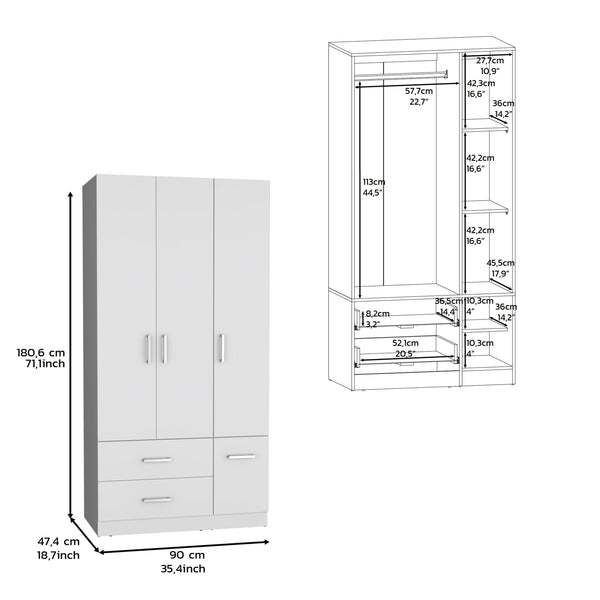 English Elm Armoire Melfa 71" H with 2 doors, 3 drawers and hanging rod for organized, elegant bedroom storage White 41 L x 23 W x 6 H B097S00125