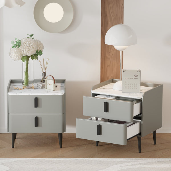 English Elm Nightstands with Marble-Pattern Top and Raised Guard, 2-Drawer Modern Bedside Tables for Storage Elegance Gray 23.4 L x 18.5 W x 9.06 H N733S332142E