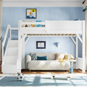 English Elm Twin Low Loft Bed Solid Pine Frame Kids Study Desk Blackboard Storage White Light White W1580S00466
