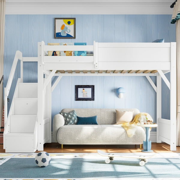 English Elm Twin Low Loft Bed Solid Pine Frame Kids Study Desk Blackboard Storage White Light White W1580S00466