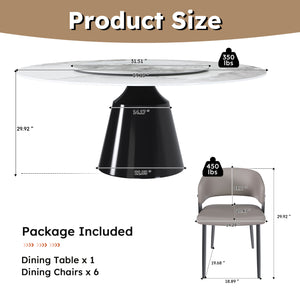 English Elm 59" Round 7-Piece Dining Set - Modern Faux Marble Table With Lazy Susan & 6 Pu Leather Chairs For Home W2700S00038