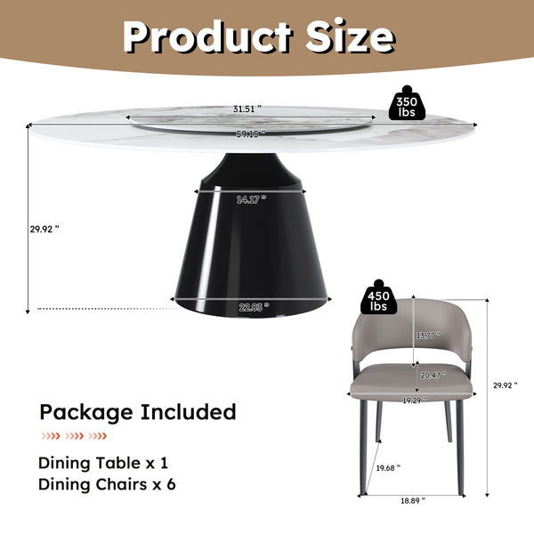 English Elm 59" Round 7-Piece Dining Set - Modern Faux Marble Table With Lazy Susan & 6 Pu Leather Chairs For Home W2700S00038