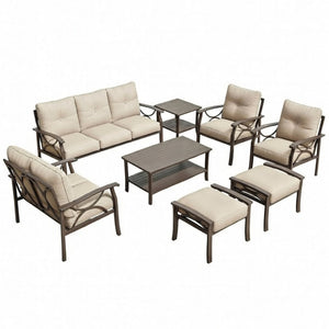English Elm 8-piece Outdoor Conversation Set 9 Seat Steel Patio Sofa with Thick Cushions Tables Beige B082S00118