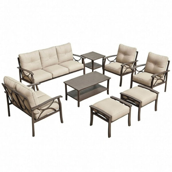 English Elm 8-piece Outdoor Conversation Set 9 Seat Steel Patio Sofa with Thick Cushions Tables Beige B082S00118