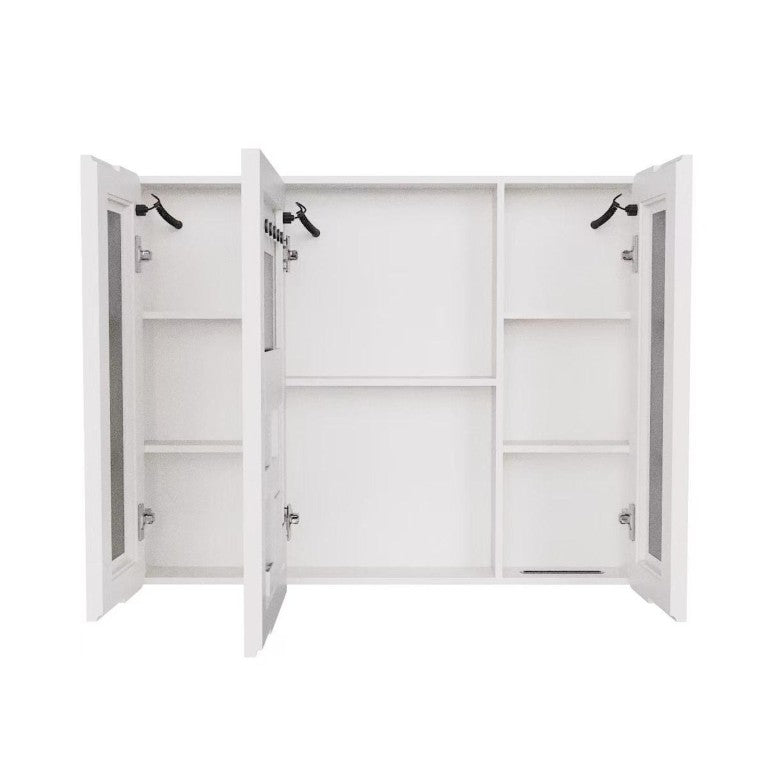 HomeRoots 5 Inch White Glass Three Door Medicine Cabinet Wall Mounted Bathroom Storage 769017