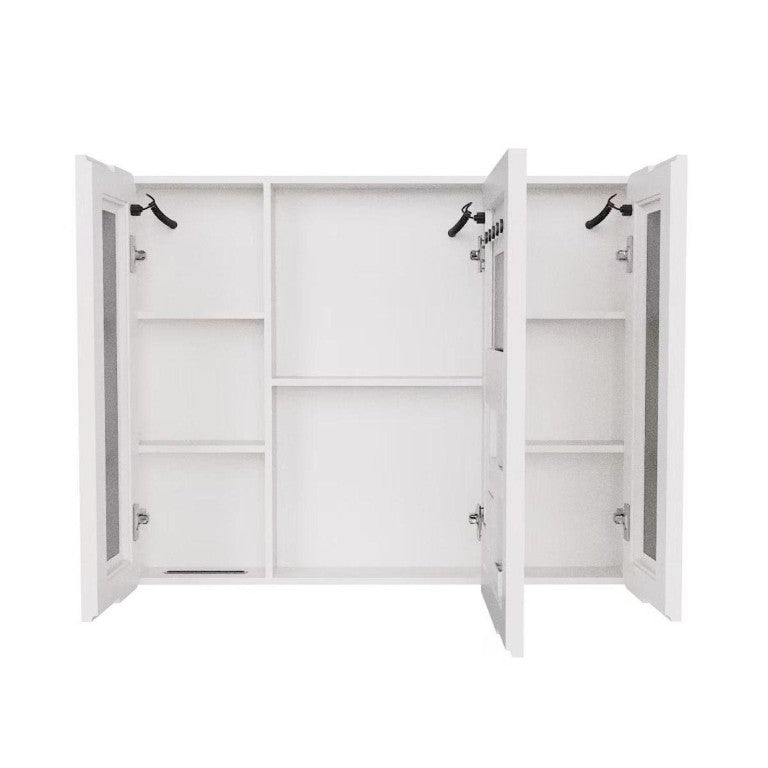 HomeRoots 5 Inch White Glass Three Door Medicine Cabinet Wall Mounted Bathroom Storage 769017