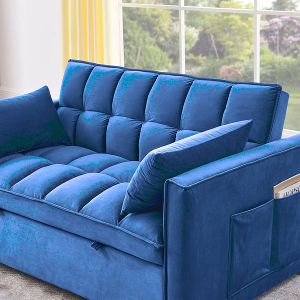 English Elm Sleeper Velvet Convertible Sofa Bed 3-in-1 Recliner 2-Seater Sectional with Pillows & Side Pockets Blue W1853P255671