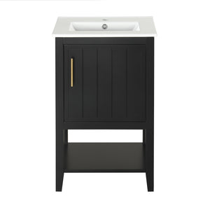 English Elm 20" Modern Bathroom Vanity with Ceramic Sink, Solid Wood MDF Build, Soft-Close Door & Shelf Black N725P220604B