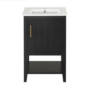 English Elm 20" Matte Freestanding Bathroom Vanity Rubberwood Cabinet Ceramic Sink Open Shelf Black N725P391115B