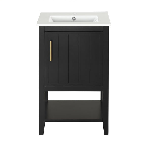 English Elm 20" Matte Freestanding Bathroom Vanity Rubberwood Cabinet Ceramic Sink Open Shelf Black N725P391115B