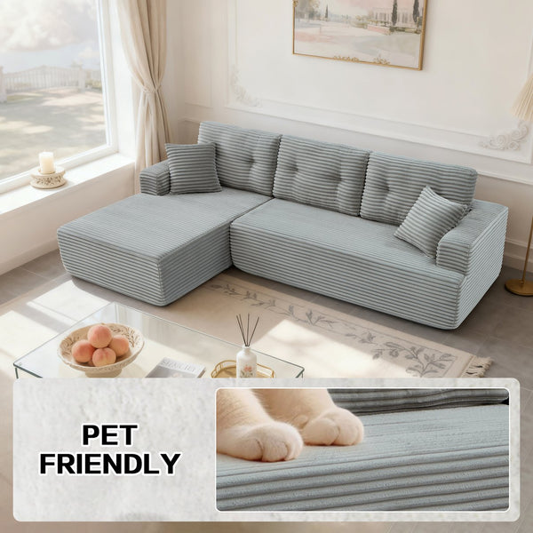 English Elm Left-Facing Modular Sectional Sofa with Corduroy, Boneless Design, Converts to Bed, Kid & Pet Safe LIGHT GREY W3565S00003