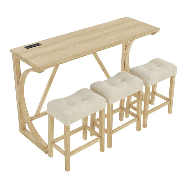 English Elm 59 Inch Bar Table Set with Power Outlet Rubberwood Frame and 3 Linen Stools Light Oak W2972P385256