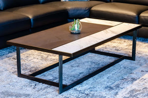 VIG Furniture Fargo Asymmetrical Ceramic & Grey Walnut Coffee Table With Antique Brushed Bronze Base, Luxe Minimalist Centerpiece VGHB320X