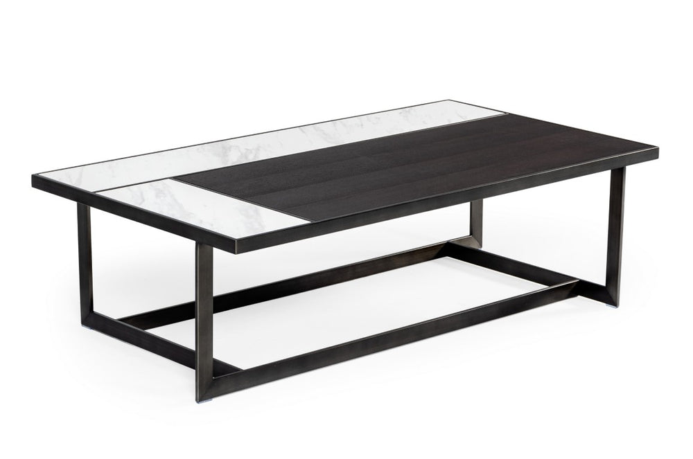 VIG Furniture Fargo Asymmetrical Ceramic & Grey Walnut Coffee Table With Antique Brushed Bronze Base, Luxe Minimalist Centerpiece VGHB320X