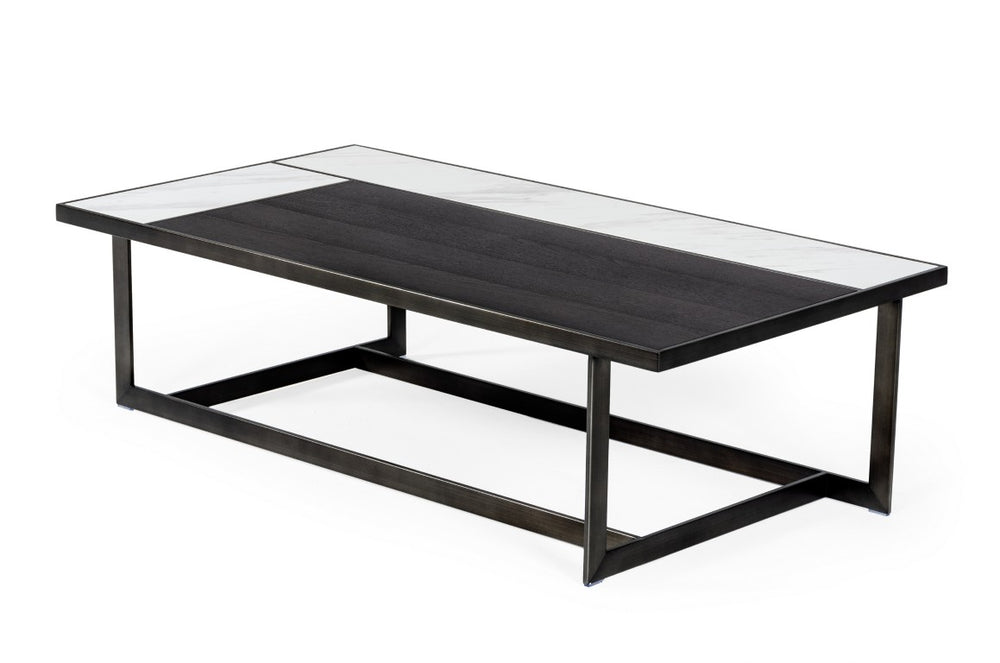 VIG Furniture Fargo Asymmetrical Ceramic & Grey Walnut Coffee Table With Antique Brushed Bronze Base, Luxe Minimalist Centerpiece VGHB320X