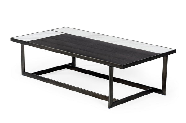 VIG Furniture Fargo Asymmetrical Ceramic & Grey Walnut Coffee Table With Antique Brushed Bronze Base, Luxe Minimalist Centerpiece VGHB320X