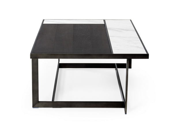 VIG Furniture Fargo Asymmetrical Ceramic & Grey Walnut Coffee Table With Antique Brushed Bronze Base, Luxe Minimalist Centerpiece VGHB320X