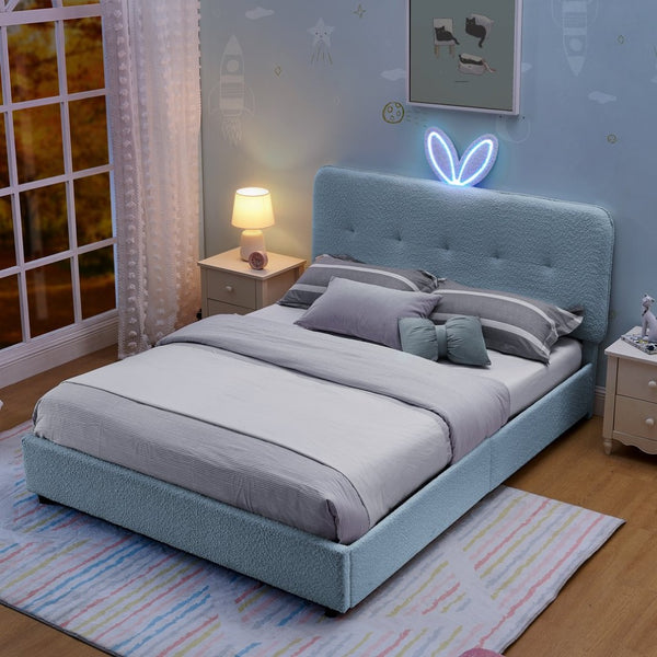 English Elm Full Size Kids Storage Bed Boucle Upholstered Rabbit Ear Headboard with Led Lighting Navy W1413P384925
