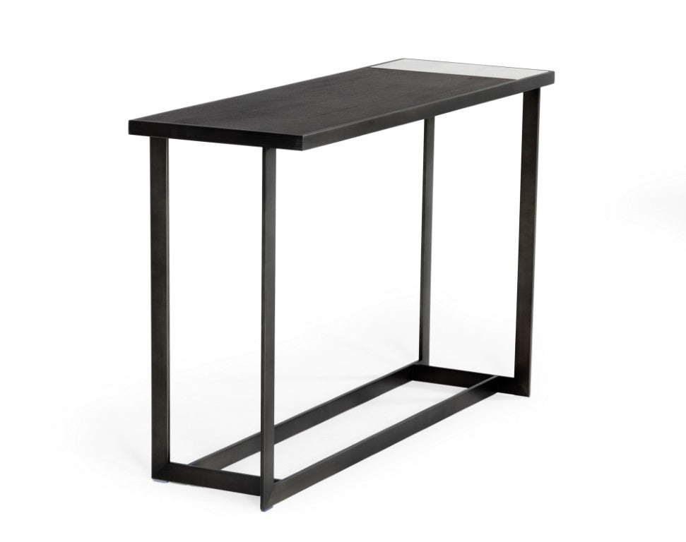 VIG Furniture Fargo Asymmetrical Console Table With Grey Walnut Veneer, Marble-Look Ceramic & Antique Bronze Base VGHB320D