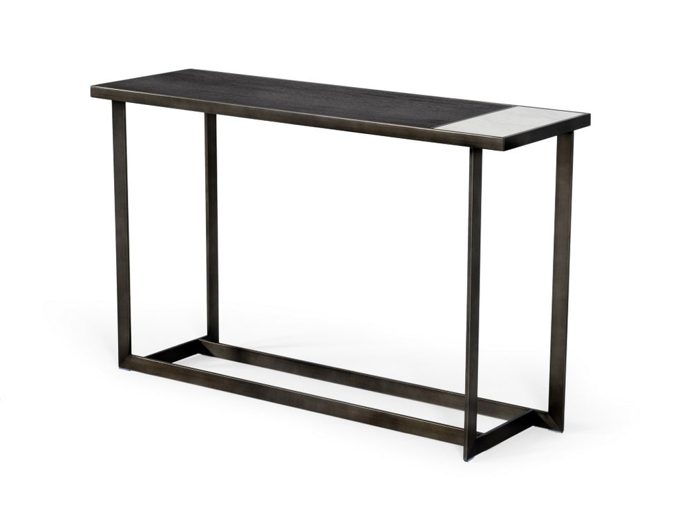 VIG Furniture Fargo Asymmetrical Console Table With Grey Walnut Veneer, Marble-Look Ceramic & Antique Bronze Base VGHB320D