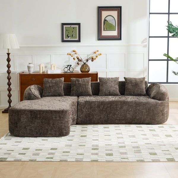 English Elm Beige Chenille L-shaped Sectional Sofa with Chaise Deep Seating and Curved Armrests Brown W3612S00032