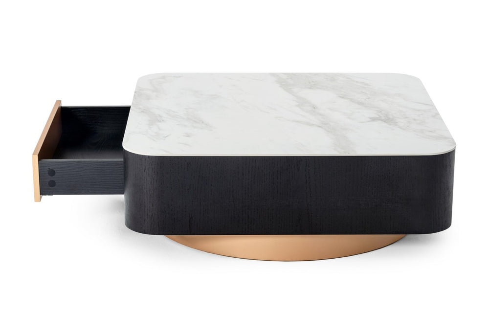 VIG Furniture Peak Black Oak Coffee Table With White Marble-Look Top, Rose Gold Drawer & Glam Accents — 35" Sq VGHB350E