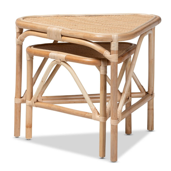 English Elm Modern Rattan Nesting End Tables Natural Woven Finish Boho Geometric Living Room Set B2750P420345