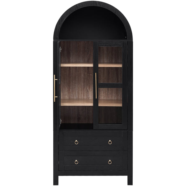 English Elm K&K 71" Arched Kitchen Pantry Cabinet with Glass Doors, Adjustable Shelves, Soft-Close Drawers Black N707P288972B