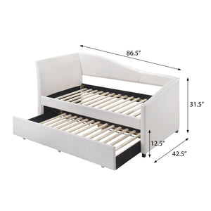 English Elm White Twin Upholstered Daybed Trundle Set with Sloped Panels, 28-Slat No-Box Spring Design, Wheelable Trundle B062S00475