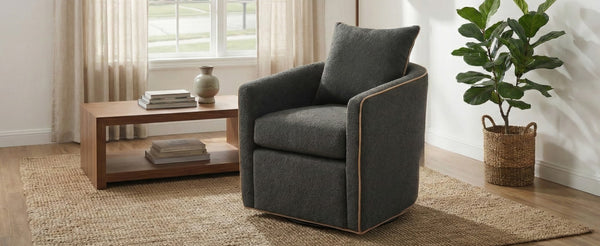 English Elm Swivel Barrel Accent Chair Boucle Upholstered with 360 Base for Living Room Corners Dark Grey N763P376127R