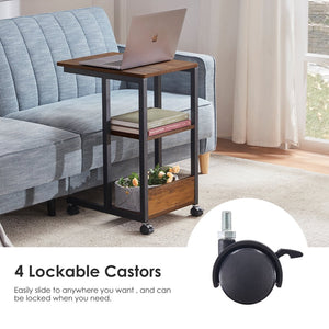 English Elm Shaped End Table with Lockable Wheels and Two-Tier Storage — C-Shape Rolling Side Table for Sofa Brown T3623P409440
