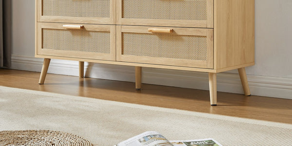 English Elm Bedroom 8-Drawer Dresser With Rattan Fronts – Stylish Storage For Kids’ Rooms & Living Spaces W1162P190402