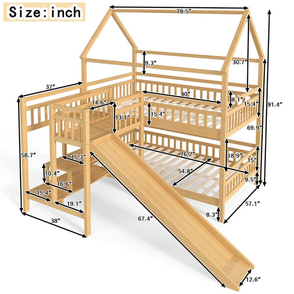 English Elm Full Bunk Bed with Trundle Bookshelf Storage Pine Frame Car Design for Kids Natural W1580S00303