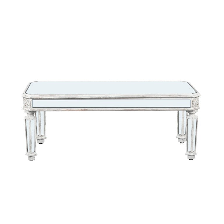 48 Inch Mirrored Glass Top Wood Coffee Table Glamorous Living Room Accent