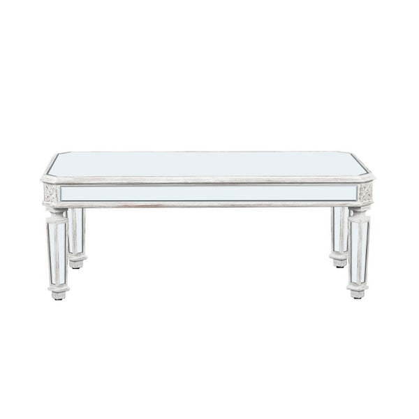 48 Inch Mirrored Glass Top Wood Coffee Table Glamorous Living Room Accent