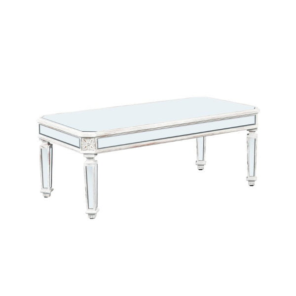 48 Inch Mirrored Glass Top Wood Coffee Table Glamorous Living Room Accent
