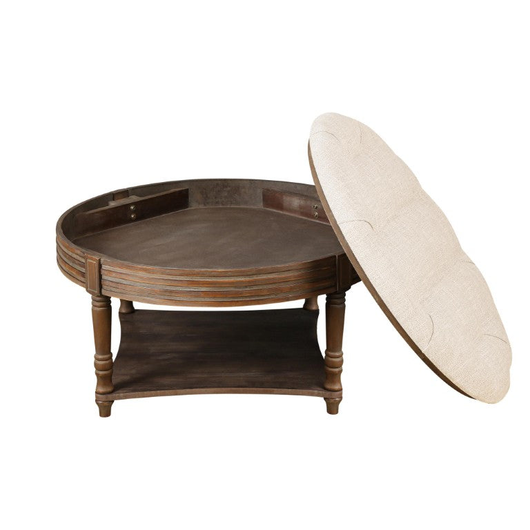 HomeRoots 31 Inch Round Coffee Table in Beige Fabric with Solid Wood Base for Living Room 769629