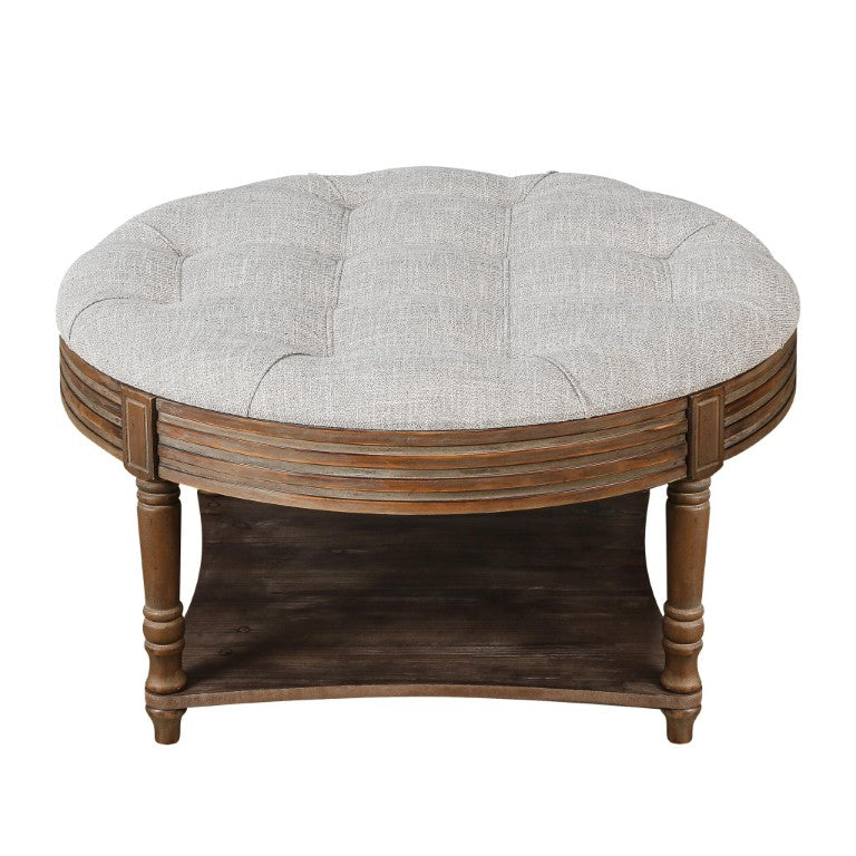 HomeRoots 31 Inch Round Coffee Table Solid Wood Base Light Gray Top for Modern Living Rooms 769630