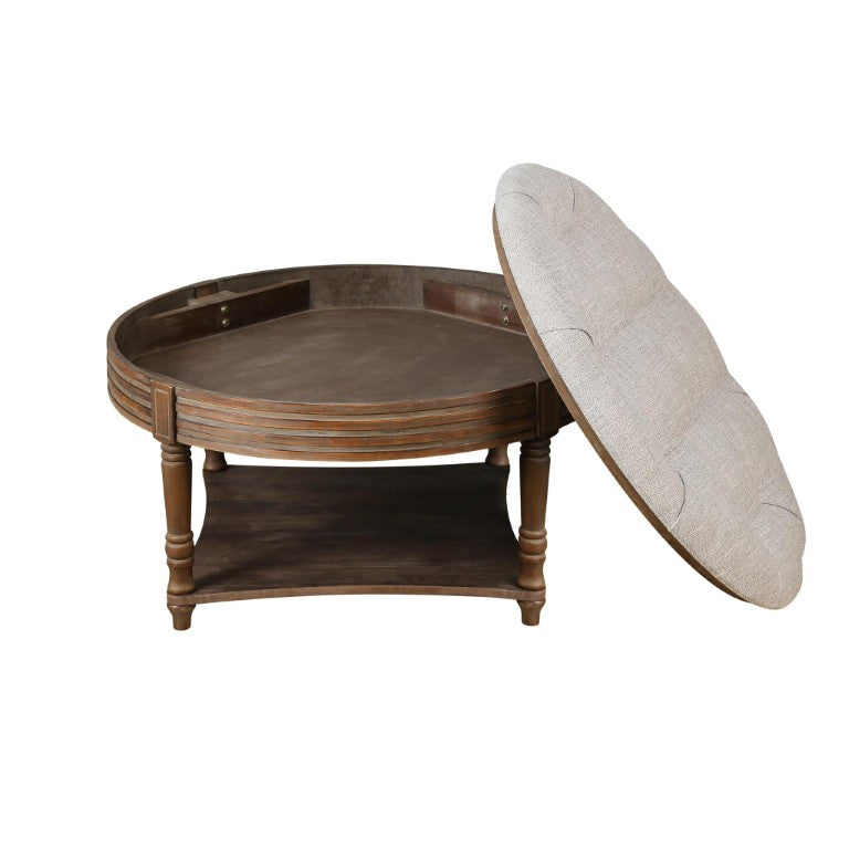 HomeRoots 31 Inch Round Coffee Table Solid Wood Base Light Gray Top for Modern Living Rooms 769630
