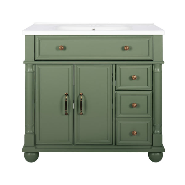 English Elm 35.6" Freestanding Bathroom Vanity with Roman Column Base and Ceramic Integrated Sink W1801S00008