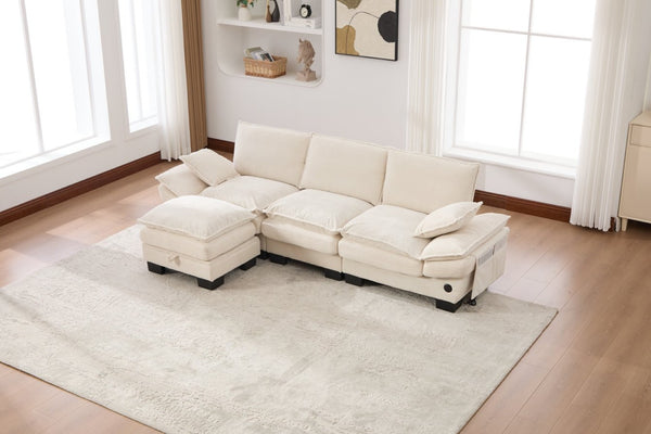 English Elm Sectional Cloud Sofa Modular Deep Seat Corduroy Upholstered Living Room Couch with Storage Beige W395S00129
