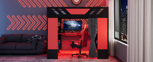 English Elm Full Size Loft Bed with Desk Blackout Curtains Rgb Lighting and Integrated Storage Black+Red LT000377AAJ