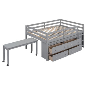 English Elm Full Size Kids Loft Bed Pinewood Frame Dual Study Desks Drawers and Open Shelving Gray LT000369AAE