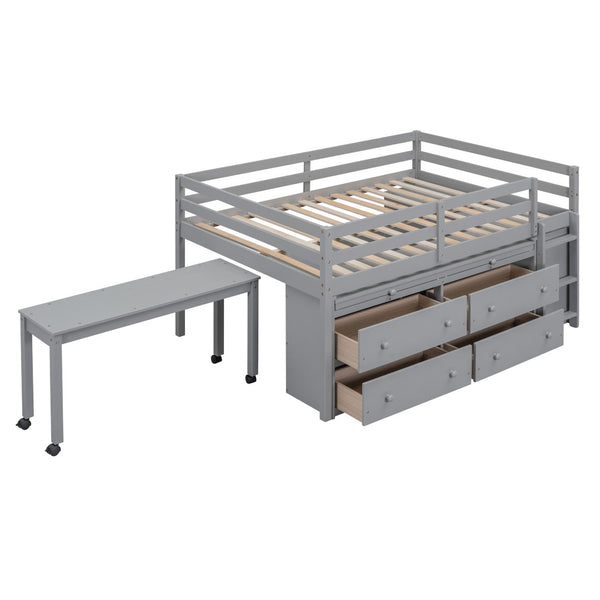English Elm Full Size Kids Loft Bed Pinewood Frame Dual Study Desks Drawers and Open Shelving Gray LT000369AAE