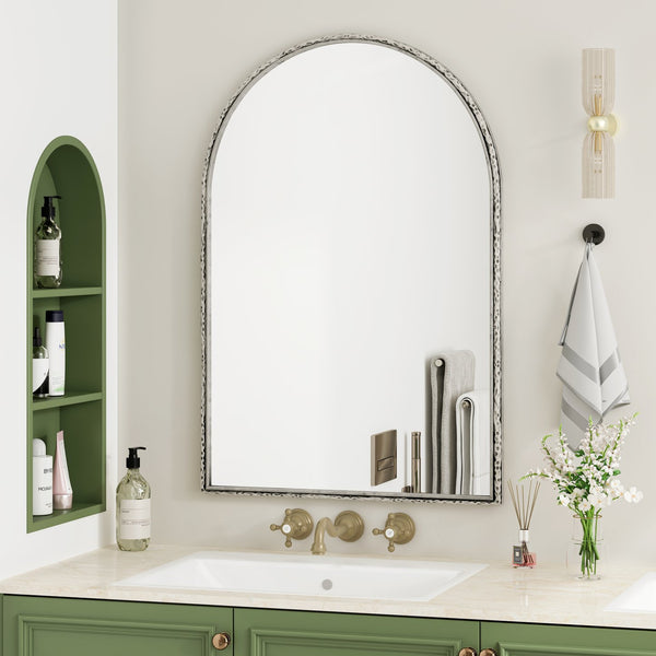 English Elm Arched Decorative Wall Mirror for Bathroom Vanity and Entryway — Elegant Arch Design for Living Room Bedroom Silver W757P251825