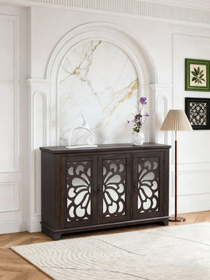 English Elm 49.33" Mirrored Lattice Buffet Cabinet with Adjustable Shelves Vintage Wood Grain Sideboard Dark Brown W2899P372741