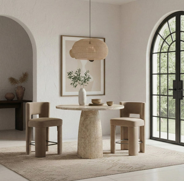 Meridian Furniture Venosa Fluted Concrete Art Deco Bar Table for Stylish Indoor Outdoor Entertaining Spaces Travertine 36 inches 769Travertine-T36