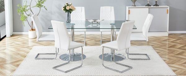 English Elm Table and Chair Set Extendable Mdf Round Oval Dining with 6 Gray Pu Seats Silver,Transparent,White W1151S04554