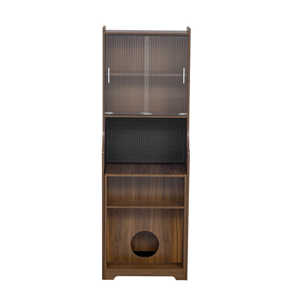 English Elm Modern Wooden Foldable Desk with Hutch Walnut Mid-Century Extendable Workstation LED Shelves Cat Bed N843MP001W