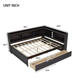 English Elm Full Size L-Shaped Bed With Bookcases, Usb Ports & Storage Drawers - Smart Space-Saving Solution! W504S00220